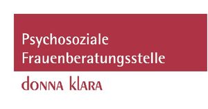 Psychosoziale Frauenberatung in weißer Schrift auf rotem Hintergrund und donna klara in roter Schrift auf weißem Hintergrund 