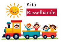 Bunter Zug mit Anhängern und fünf Kindern, die jubeln