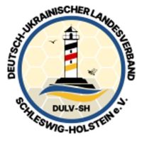Leuchtturm in schwarz-rot-gold, Wellen in den Farben dere ukrainischen Flagge blau und gelb