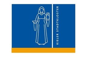 Eine Nonne mit einem Teller und einem Krug in der einen und in der anderen Hand, daneben der Schriftzug "Kieler Stadtkloster"