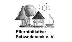Bäume, ein Haus, ein Boot und die Sonne gezeichnet und der Namensschriftzug
