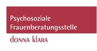 Psychosoziale Frauenberatung in weißer Schrift auf rotem Hintergrund und donna klara in roter Schrift auf weißem Hintergrund 