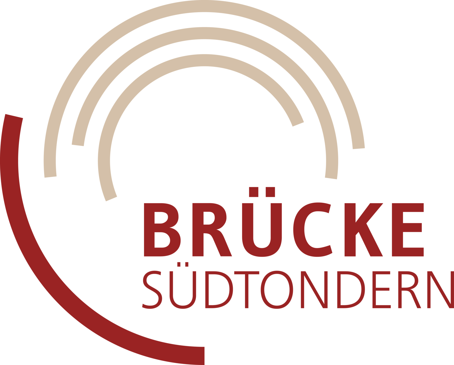 Brücke Logo in roter und beiger Schrift mit mehreren Halbkreisen