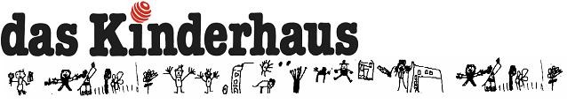 Das Kinderhaus, der I-Punkt ist ein Ball, darunter viele von Kindern gezeichnete Figuren