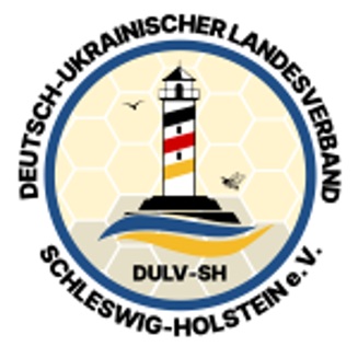 Leuchtturm in schwarz-rot-gold, Wellen in den Farben dere ukrainischen Flagge blau und gelb
