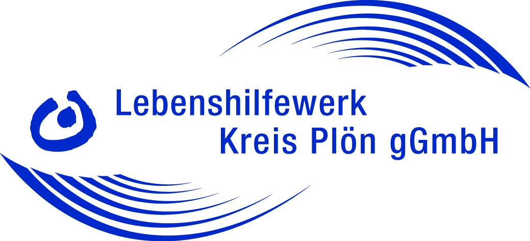 Namenszug mit Lebenshilfesymbol - unvollendeter Kreis mit einem Punkt in der Mitte - und Welen oberhalb und unterhalb des Namens