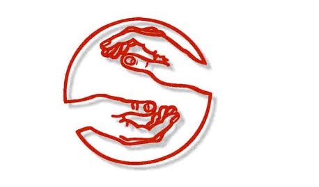 Eine gebende und eine nehmende Hand in einem roten Kreis 