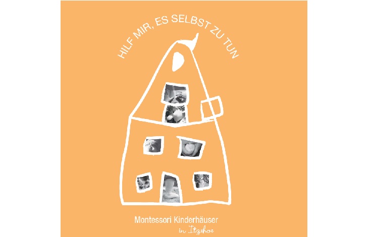 Ein von Kinderhand gezeichnetes Haus mit Fotos aus der Arbeit des Vereins als Fenster und Türen 