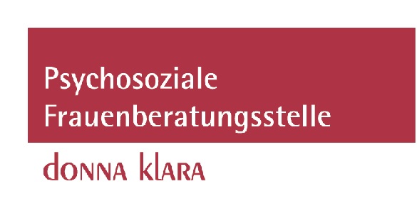 Psychosoziale Frauenberatung in weißer Schrift auf rotem Hintergrund und donna klara in roter Schrift auf weißem Hintergrund 
