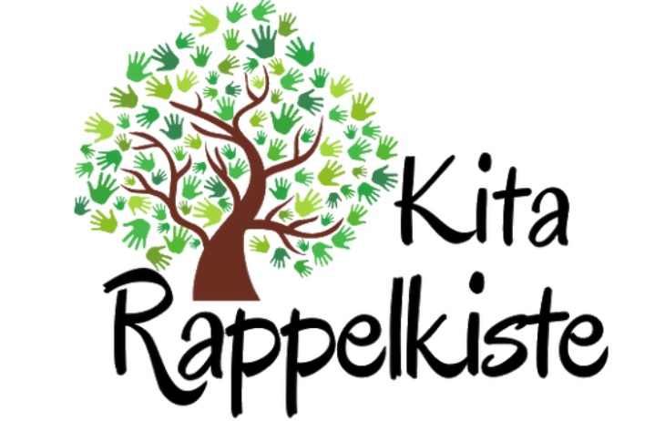 Kita Rappelkiste als Text und ein Baum, der als Blätter Handabdrücke hat