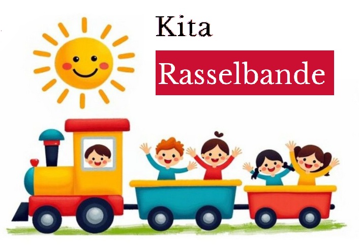 Bunter Zug mit Anhängern und fünf Kindern, die jubeln