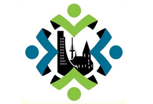 Die Wahrzeichen von Kiel und Umgebung, wie das Laboer Ehrenmal, das Rathaus und der Fernsehrturm und darum in alle vier Himmelsrichtungen angedeutete Figuren 