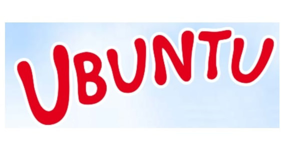 Roter Namensschriftzug UBUNTU auf blauem Hintergrund