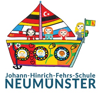 Buntes Schiff. Die Segel zeigen verschiedenen Länderflaggen. VIer Kinder sind an Deck.