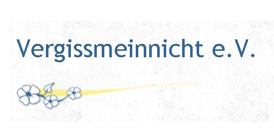 Namensschriftzug und drei Blüten einer Vergissmeinnicht