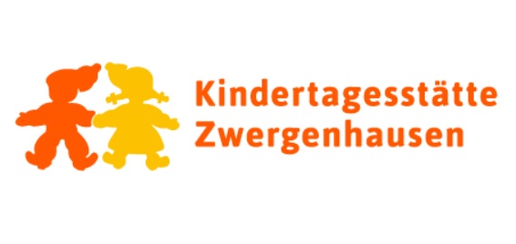 Der Namensschriftzug und ein oranger und ein gelber Zwerg, die sich bei den Händen halten 