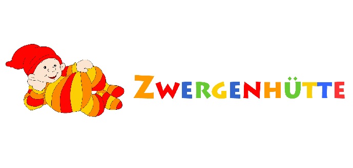Namensschriftzug und ein Zwerg, der bequem auf der Seite liegt und lacht
